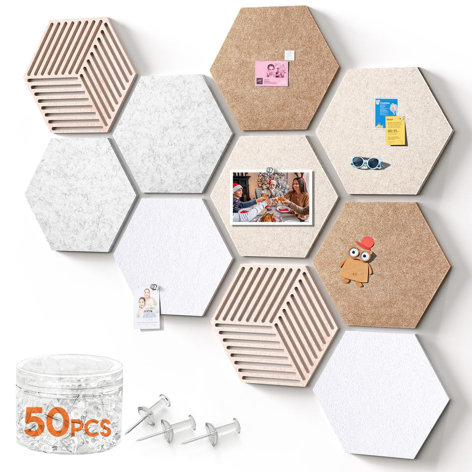 FOX FAIRY hexagon cork tiles arranged in a honeycomb on a wall for stylish organization.
