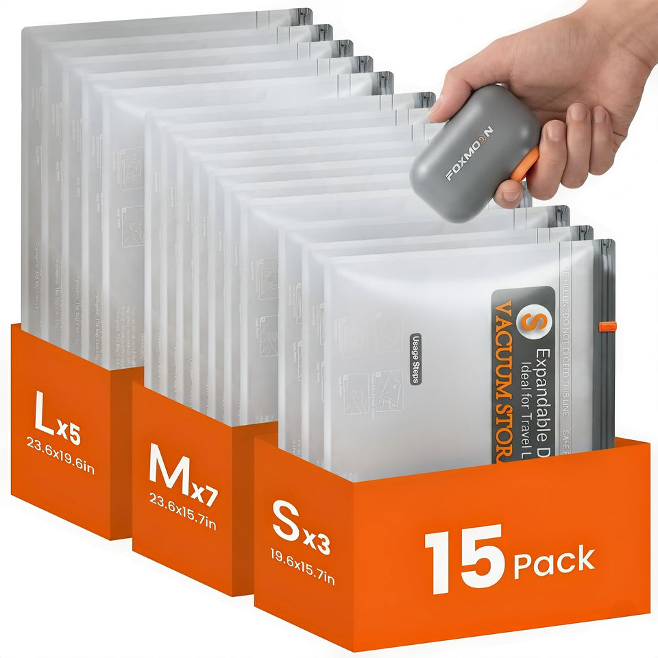 Foxmoon large vacuum bags in use, maximizing luggage space for bulky items.