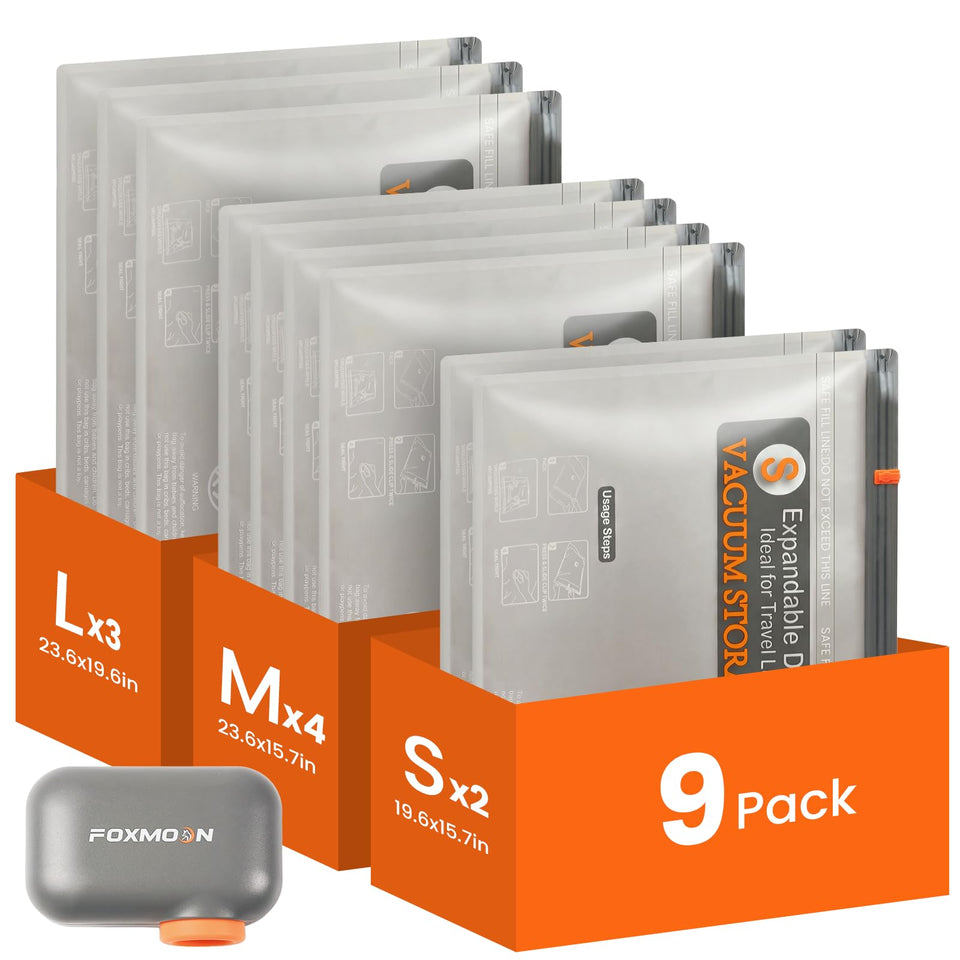 FoxMoon 9-pack large vacuum bag showing space-saving capacity for coats and bulky items
