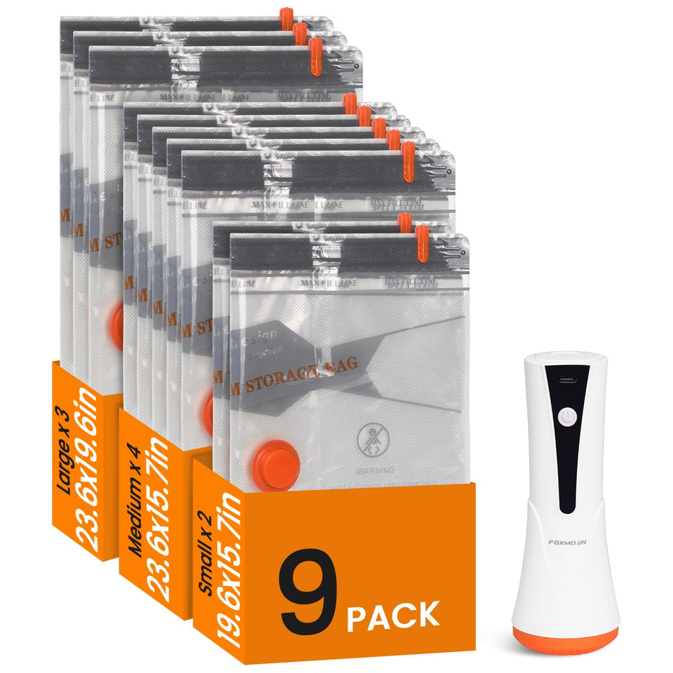 Foxmoon travel vacuum bags 9-pack (large) maximize luggage space.