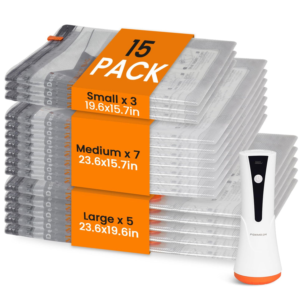 FoxMoon vacuum-seal travel pack showing space-saving bags in luggage for efficient packing.