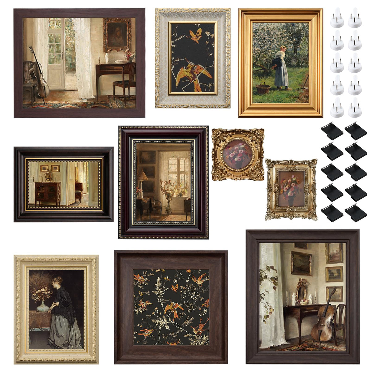 Foxtell vintage frames on a wall with ornate borders for gallery display.
