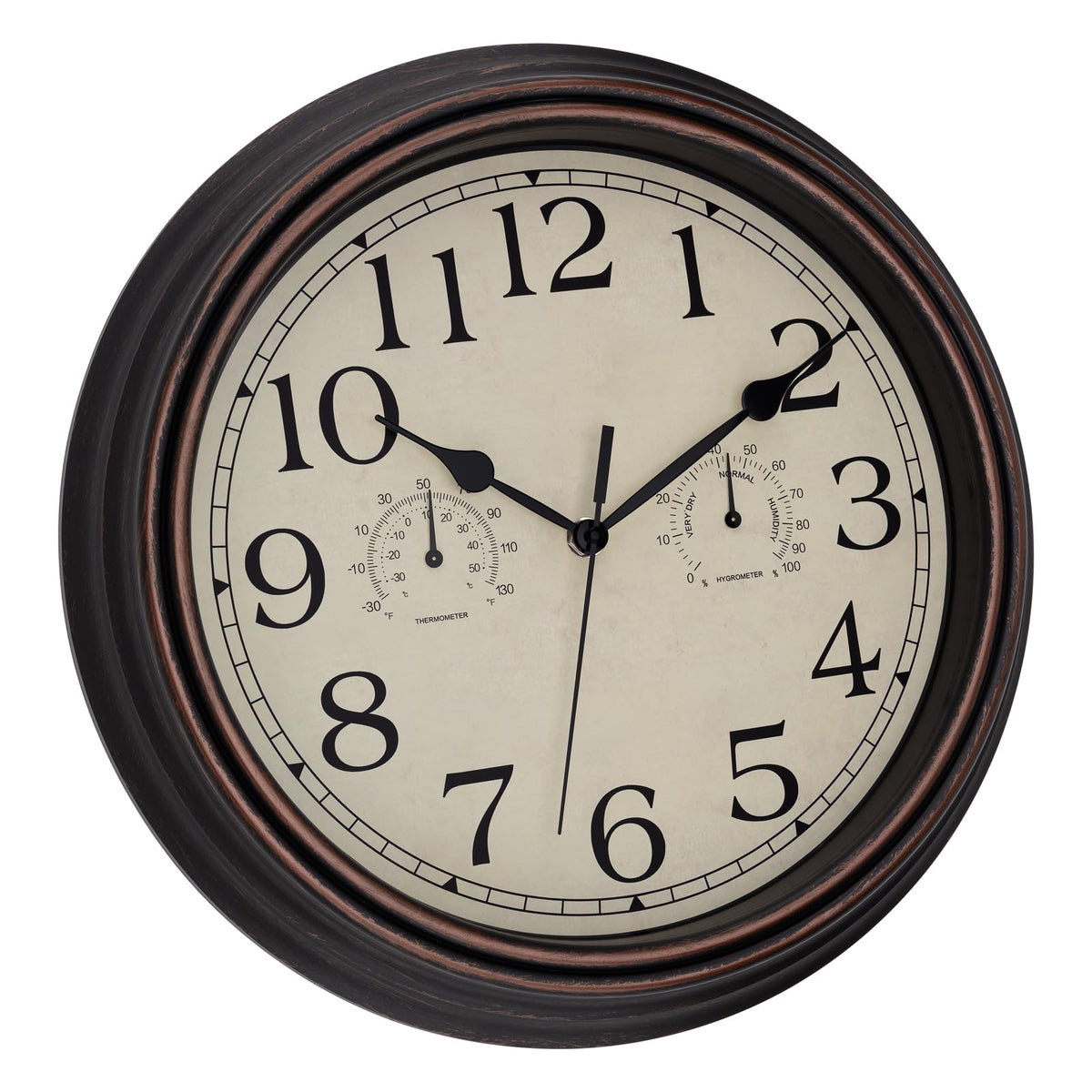Foxtop bronze clock dial closeup emphasizes large, legible readings.
