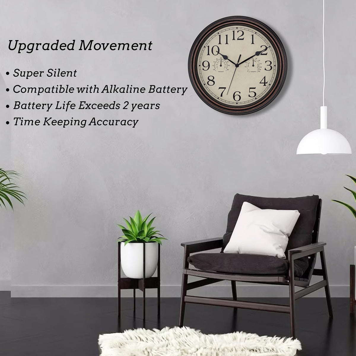 Foxtop bronze clock thermometer hygrometer focus demonstrates indoor climate monitoring.