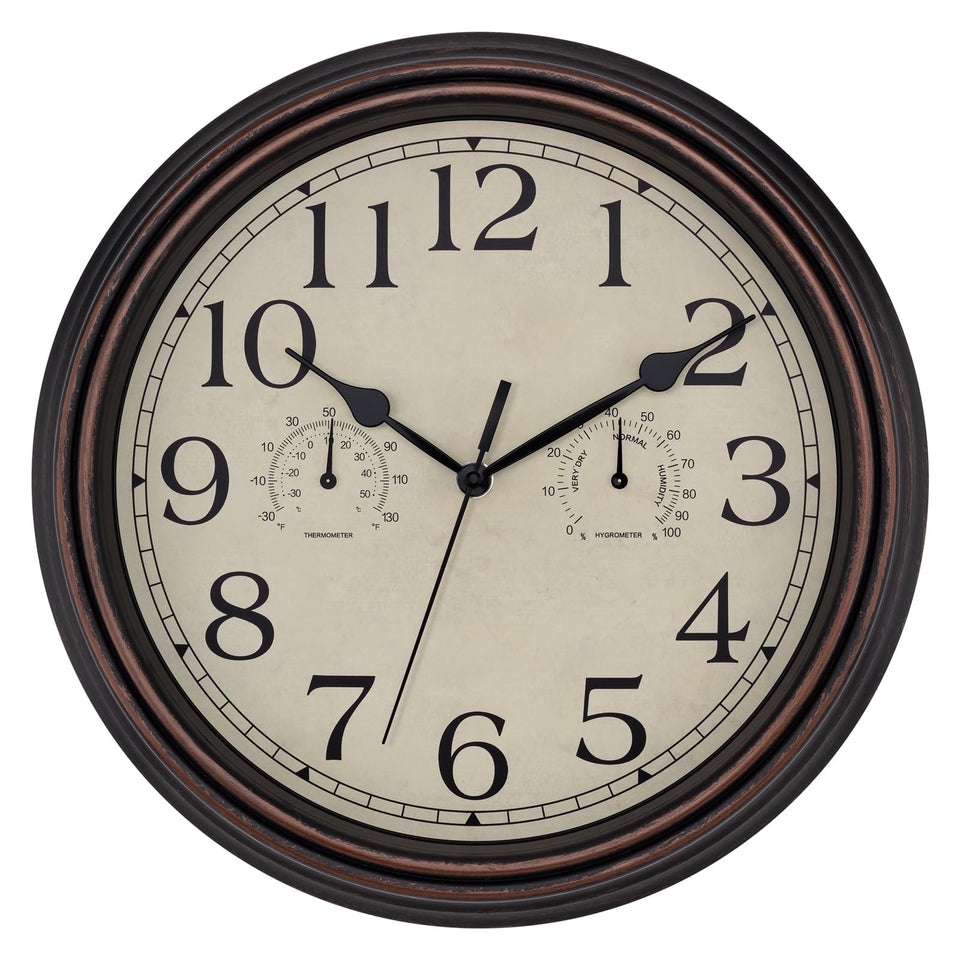 Foxtop bronze wall clock front view shows a weather-ready design for outdoor walls.