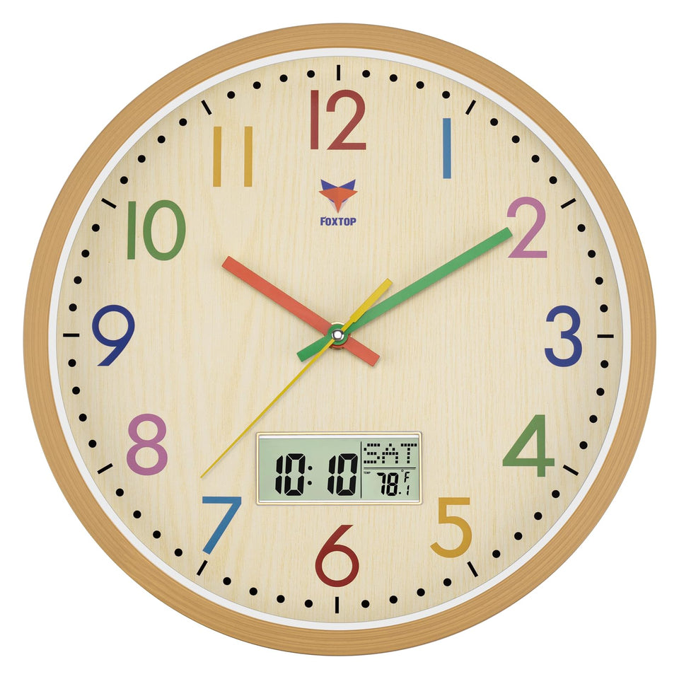 Foxtop 12-inch clock front view with vibrant numerals for easy reading.