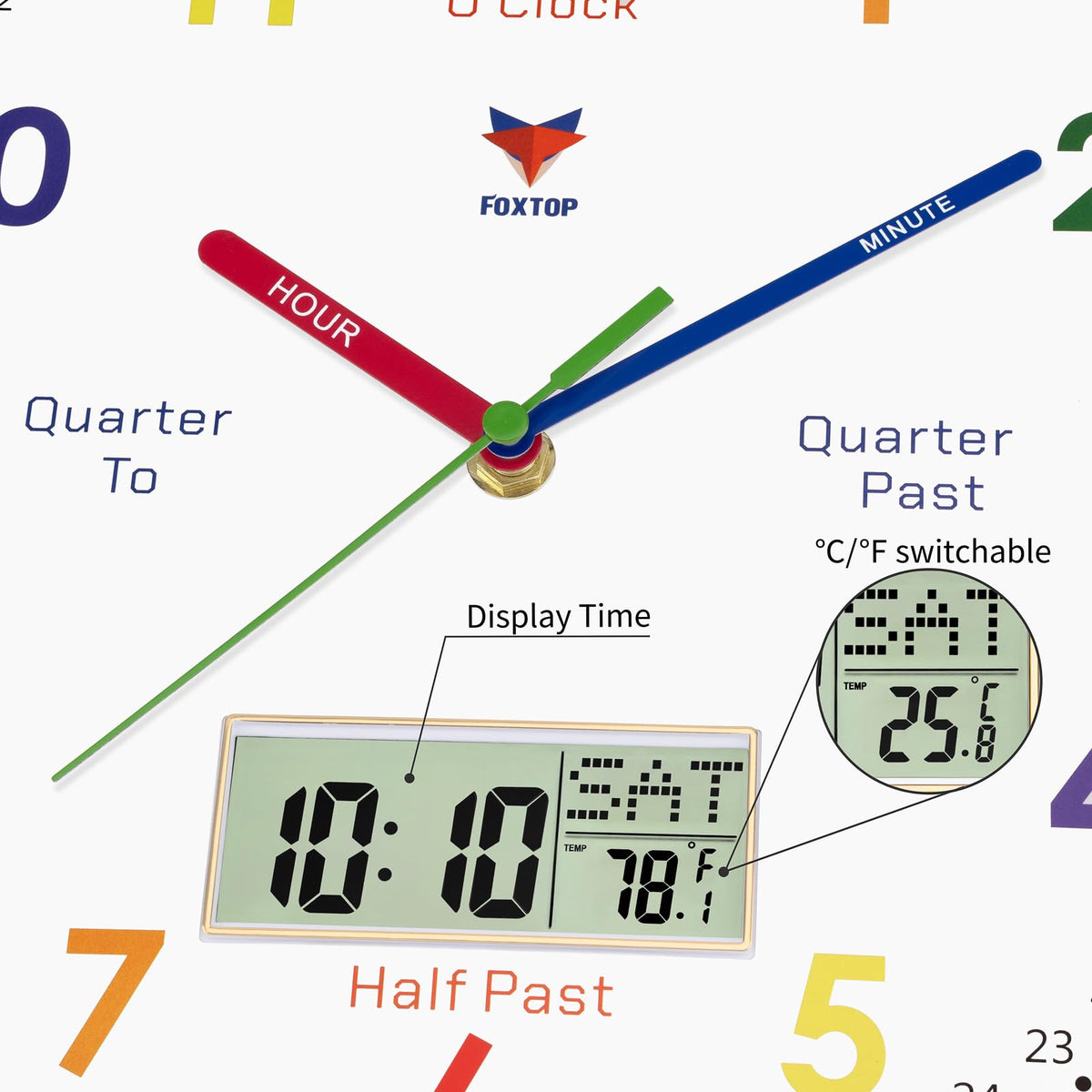 Foxtop large-number display enables quick time reading for kids.