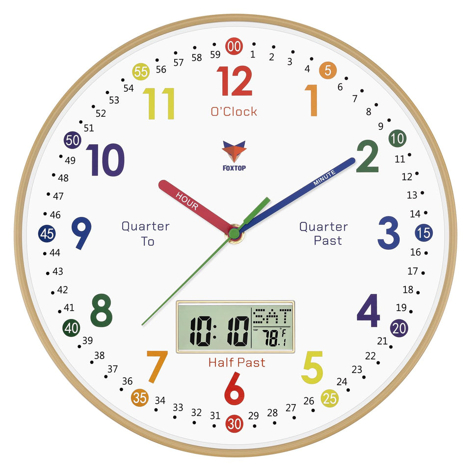 Foxtop learning clock front view with colorful numbers for easy time learning.
