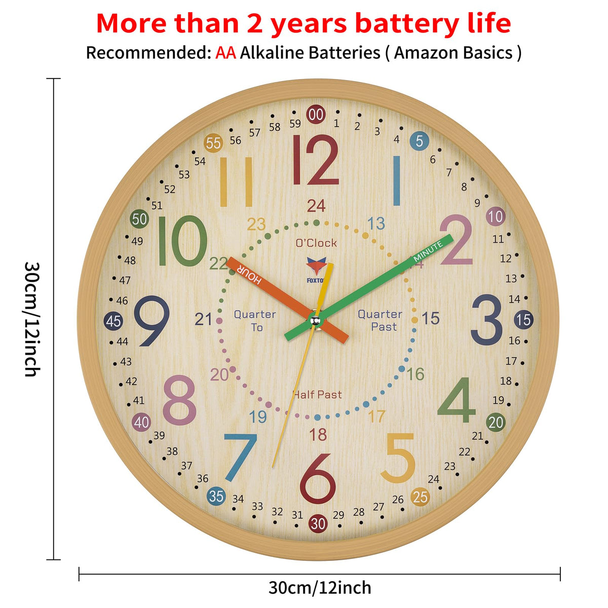 Foxtop learning clock detailed dial highlights hour and minute marks