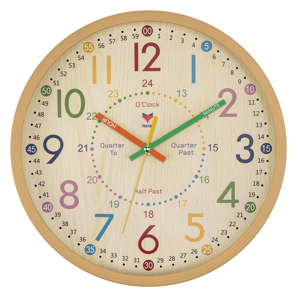 Foxtop learning clock front view with colorful numbers aids kids' time-telling