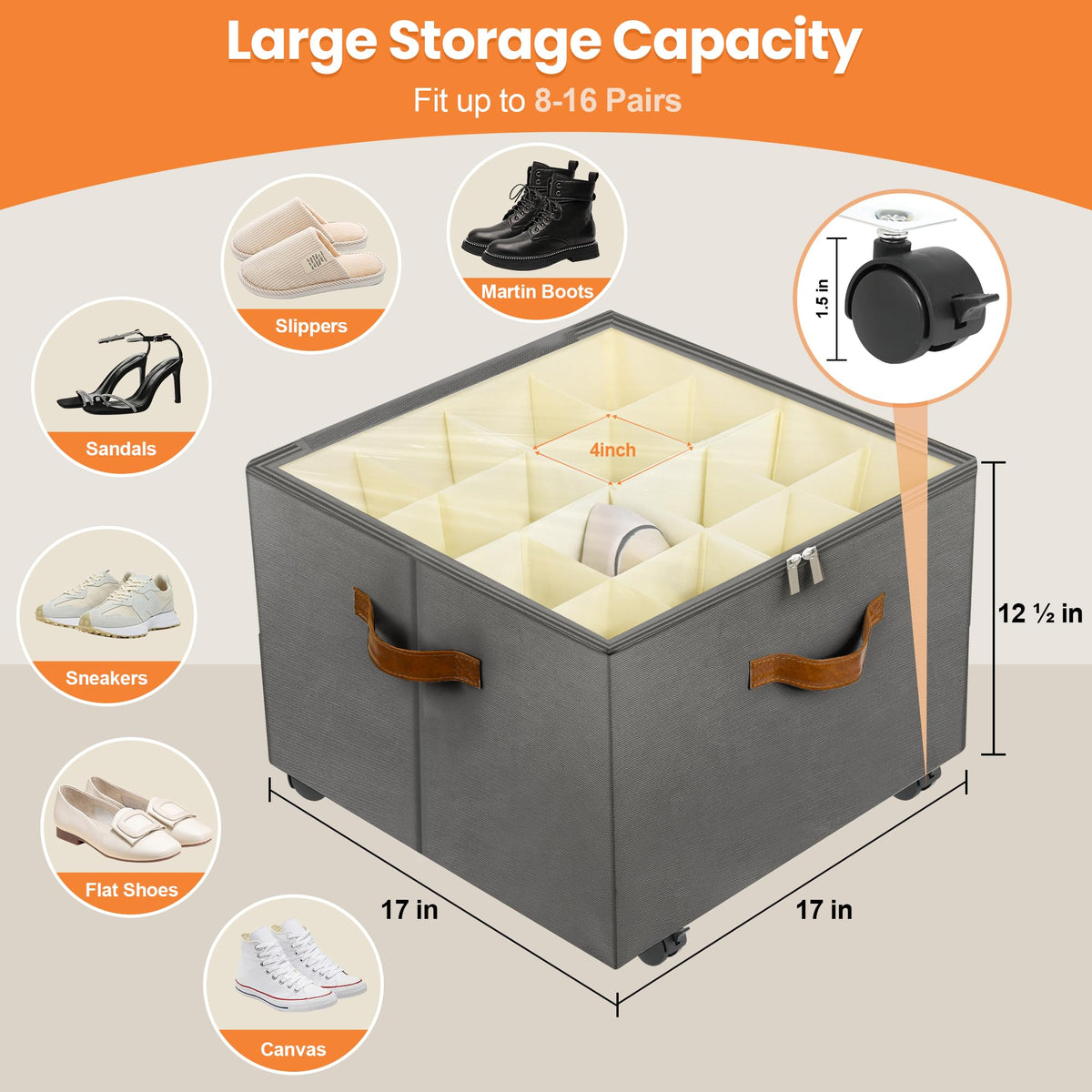 Foyego adjustable dividers customize compartments for varied footwear.