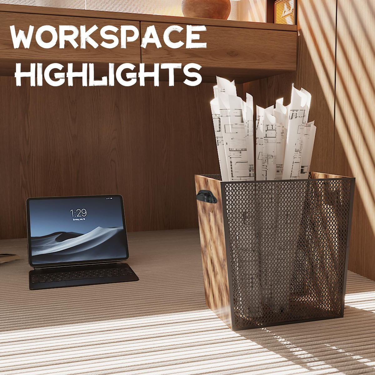 Fozxsvg wooden board and iron mesh bin adds retro elegance to any room
