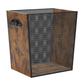 Fozxsvg wooden trash can closeup shows rustic wood and iron mesh for sturdy decor