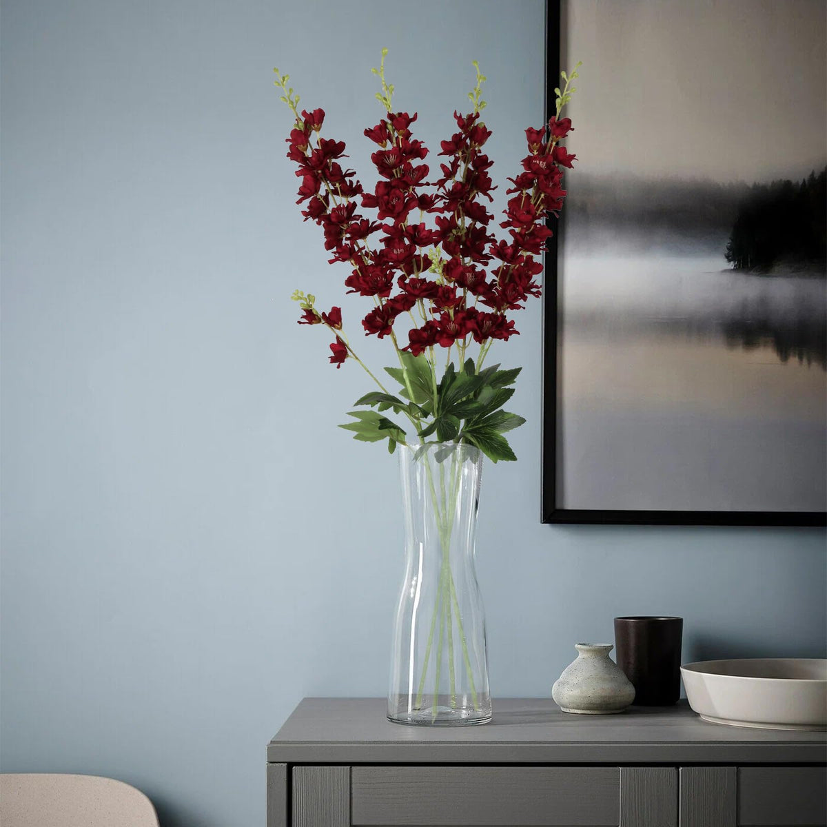 Eight-piece delphinium set arranged as a table centerpiece