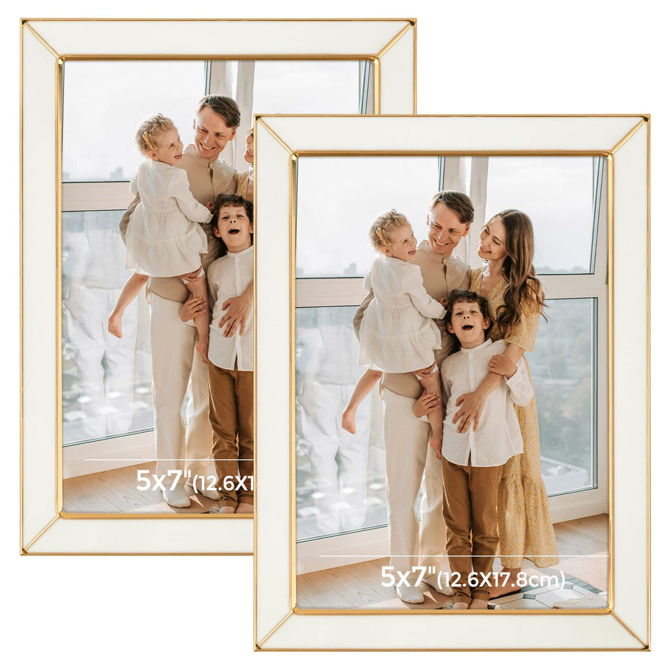 Frametory enamel frame 5x7 with gold edge enhances desk photos