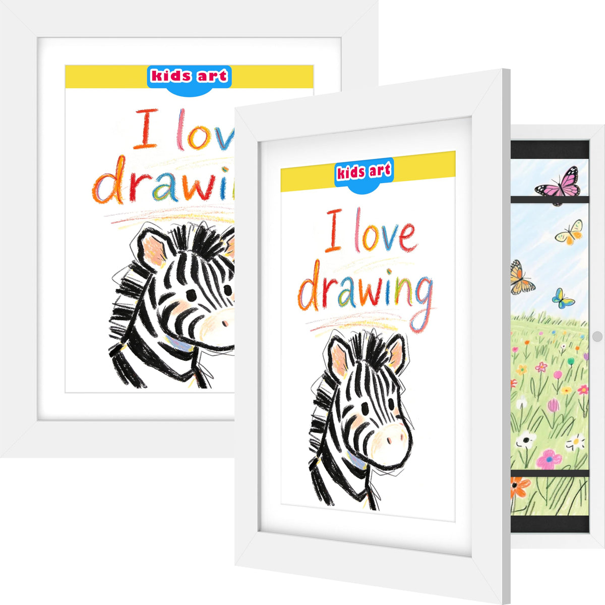 FrameWorks 2Pack front view showing white wooden frame with magnetic door for easy art swap.