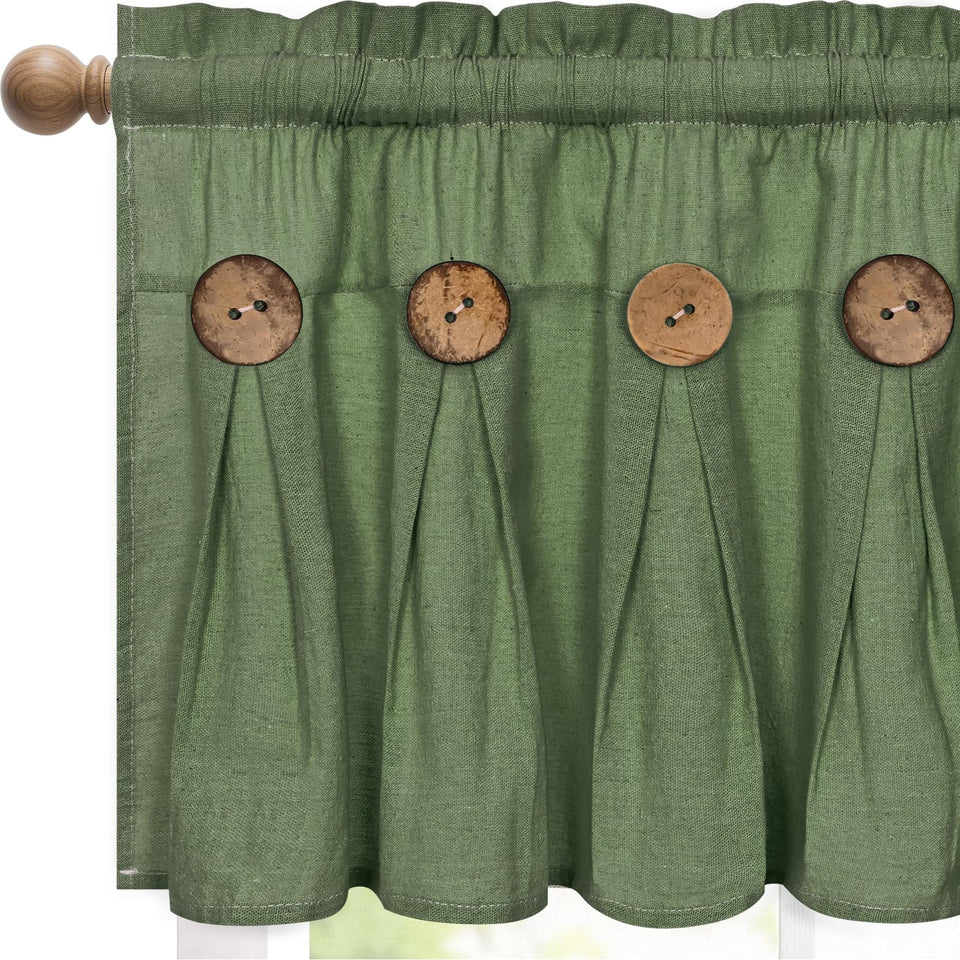 FRAMICS Farmhouse valance curtain in olive green adds warm privacy.
