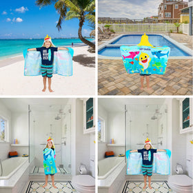 Franco Baby Shark hooded towel wrap easy-care fabric for washing.
