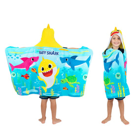 Franco Baby Shark hooded towel wrap front view, cozy after bath.