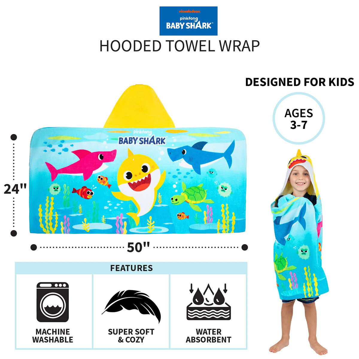 Franco Baby Shark hooded towel wrap with corner pockets for storage.