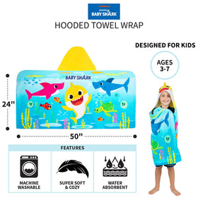 Franco Baby Shark hooded towel wrap with corner pockets for storage.