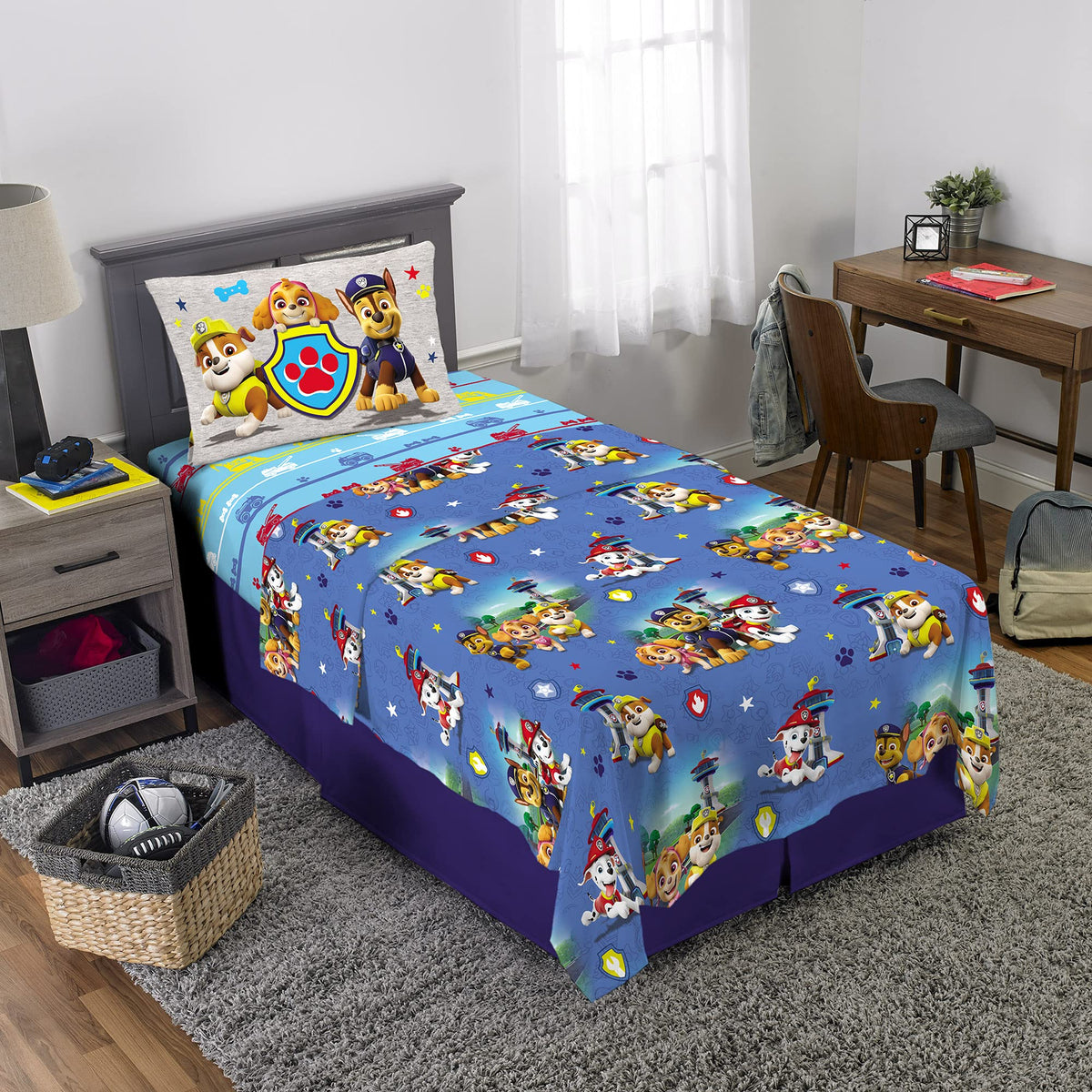 Franco bright blue background fitted sheet adds a lively bedroom accent.