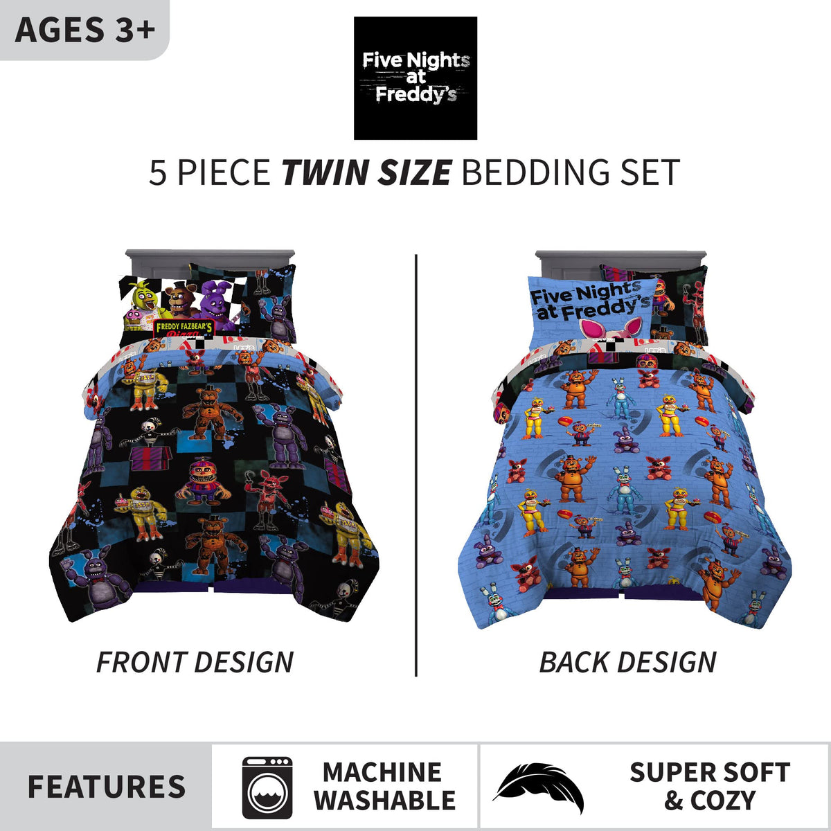 Franco FNAF bedding features Freddy, Bonnie, Chica and Foxy artwork for kids.