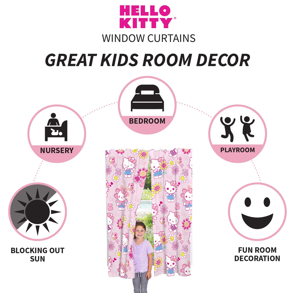 Franco Hello Kitty curtains provide light filtering for privacy in sunny spaces.