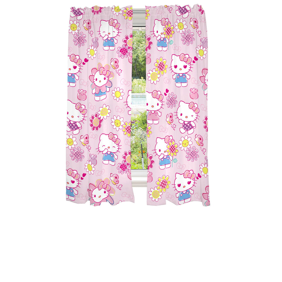 Franco Hello Kitty curtains in Rainbow Garden pattern brighten a playroom and delight kids.