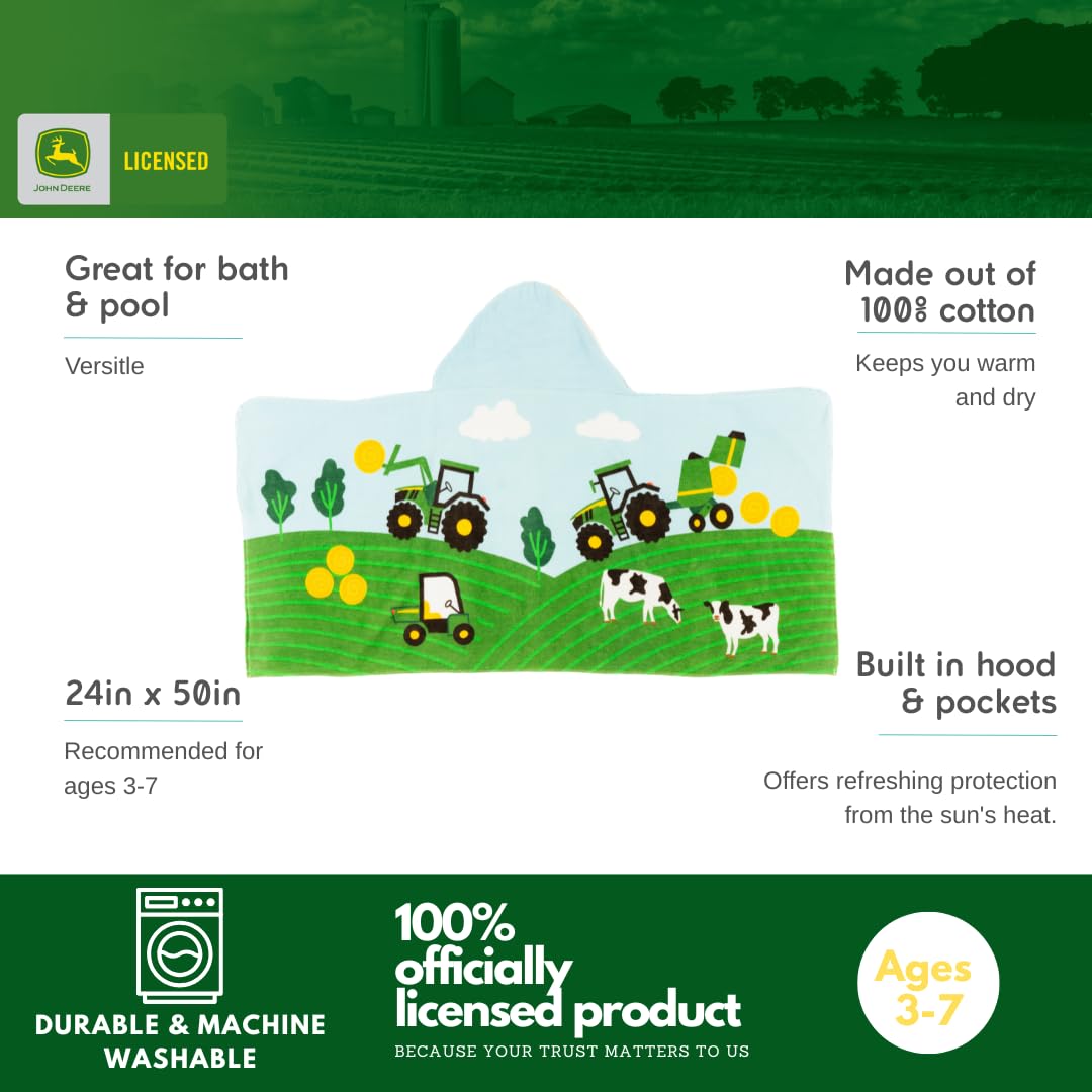 Franco John Deere towel features cows on a farm scene for cozy drying after swimming.
