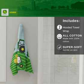 Franco John Deere hooded towel logo with green branding enhances kid's farm-inspired routine.