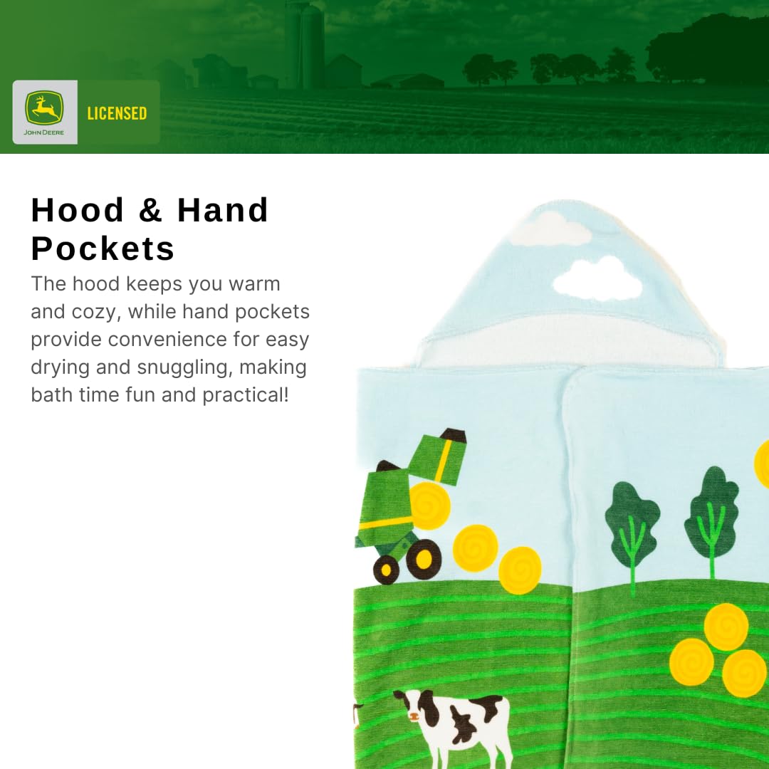 Franco John Deere hooded towel worn by child adds warmth and quick drying.