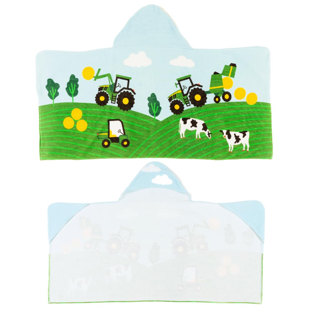 Franco John Deere hooded towel with tractors and fields for playful bath time.