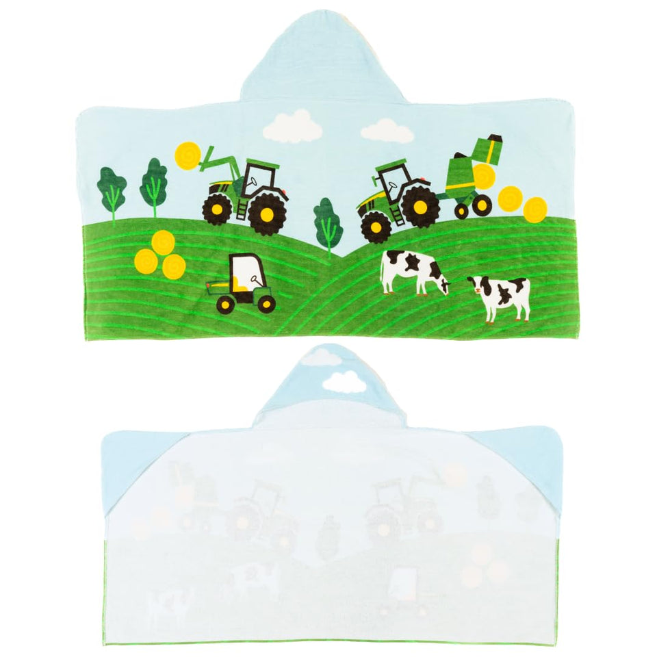 Franco John Deere hooded towel with tractors and fields for playful bath time.