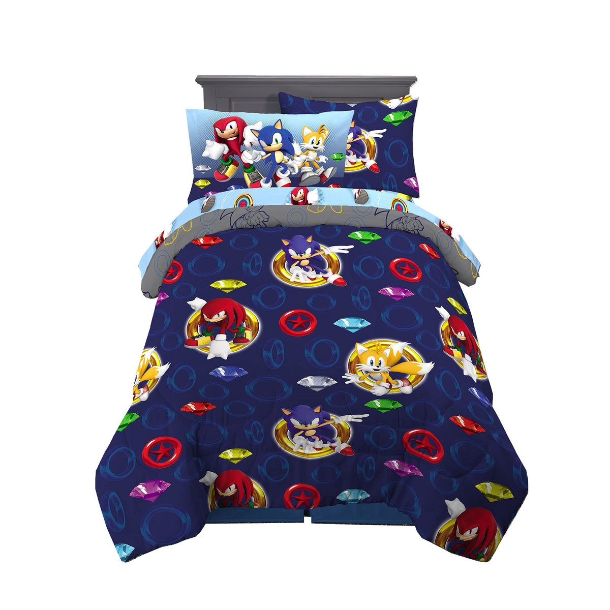 Franco Kids Bedding Sonic Roll in Rings comforter front shows fast action for bedtime excitement.