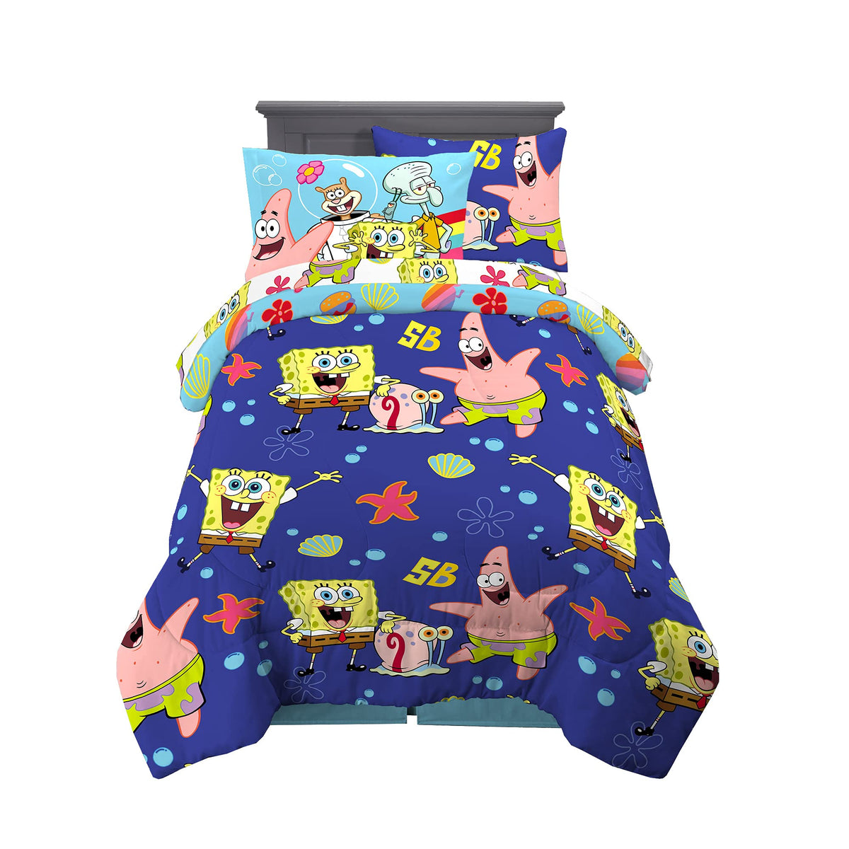Franco SpongeBob comforter front design with SpongeBob and friends for playful bedtime