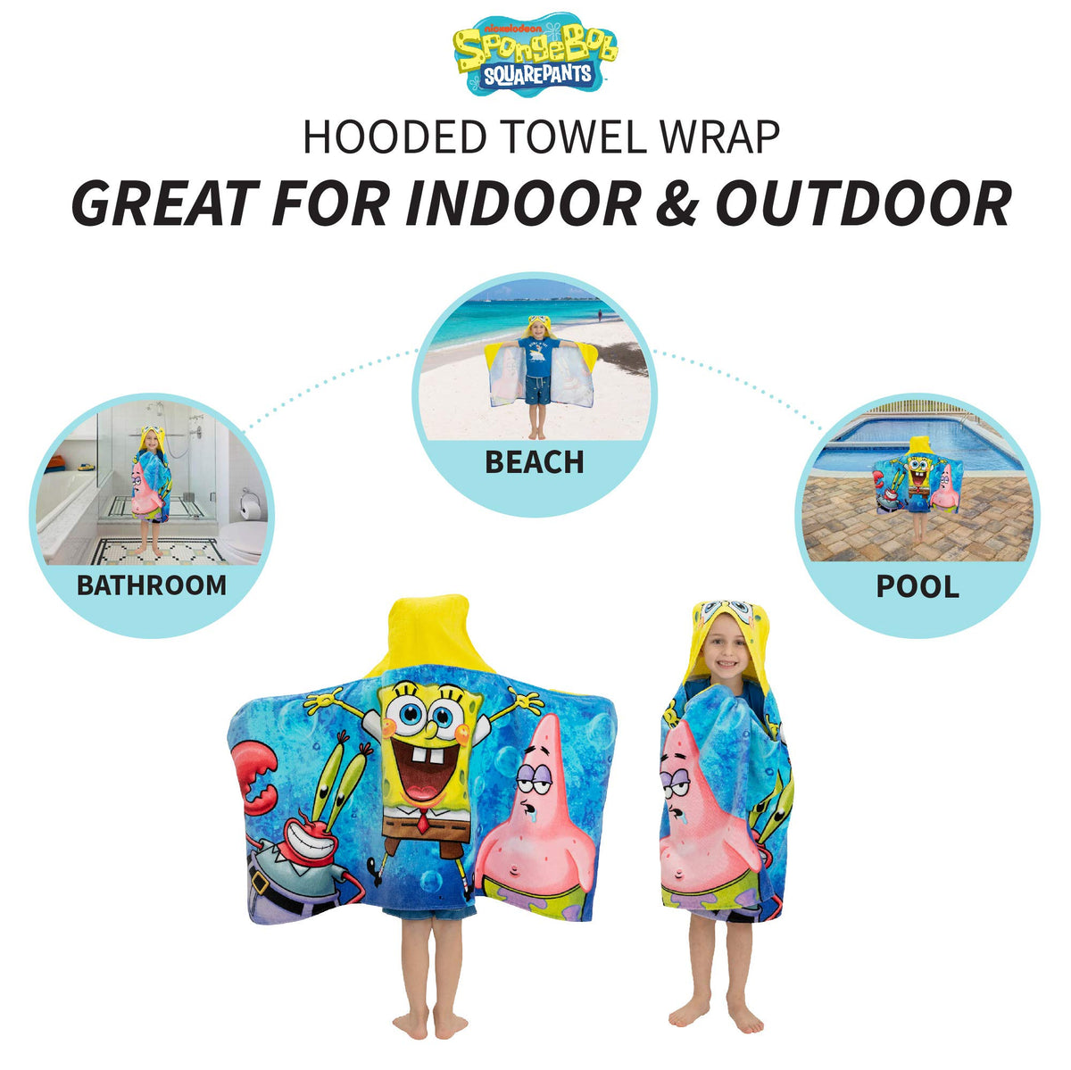 Franco hooded towel wrap in bright, colorful SpongeBob artwork for wearing after baths.