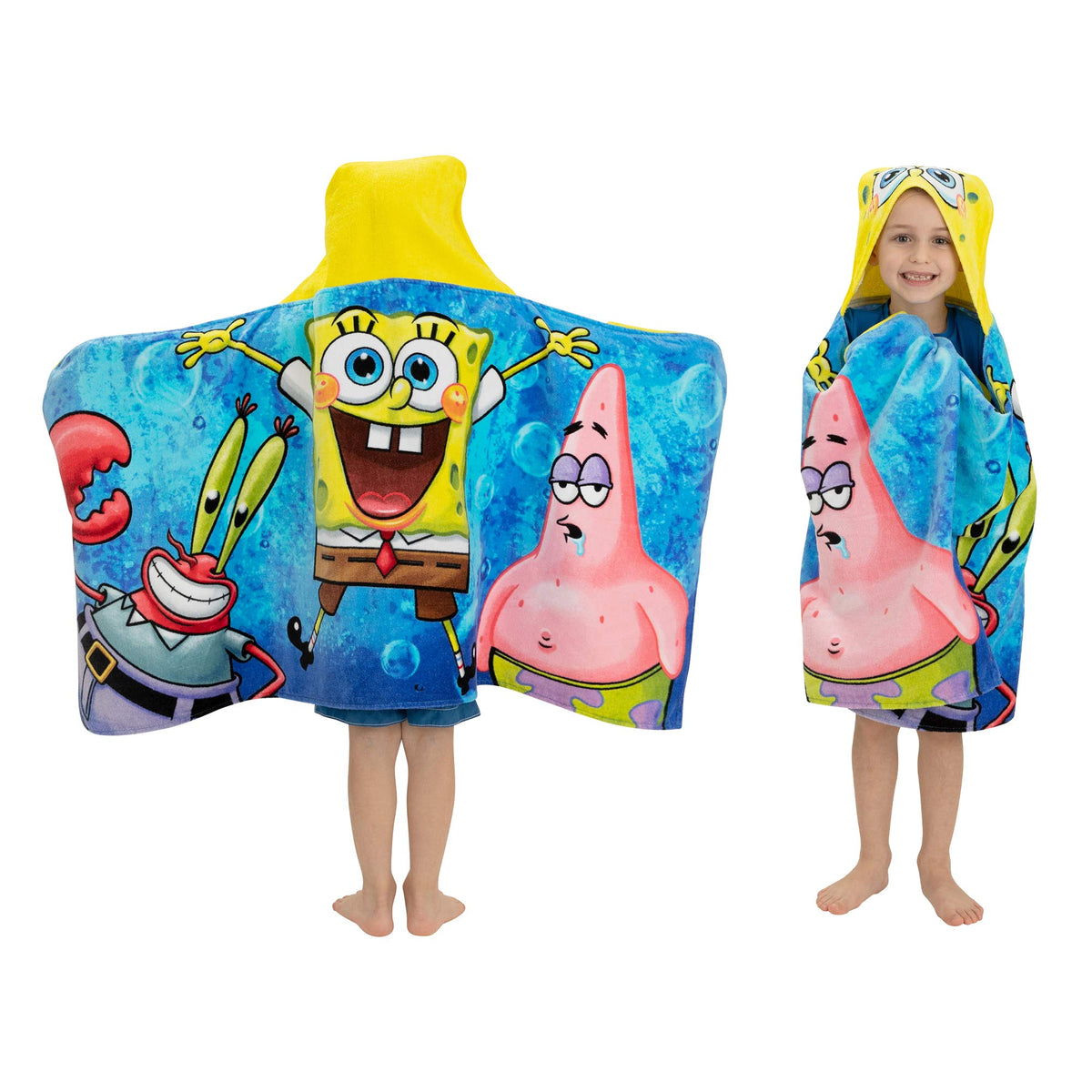 Franco SpongeBob hooded towel wrap design with vibrant print for bath time fun and quick drying.