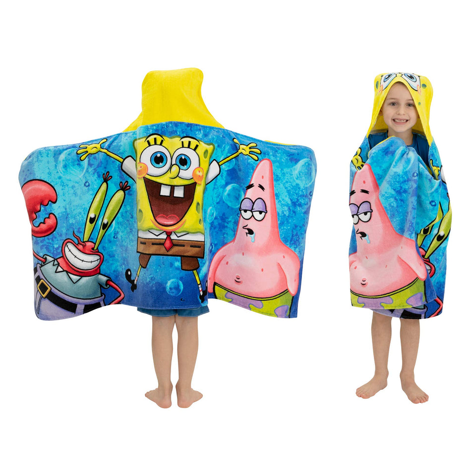 Franco SpongeBob hooded towel wrap design with vibrant print for bath time fun and quick drying.