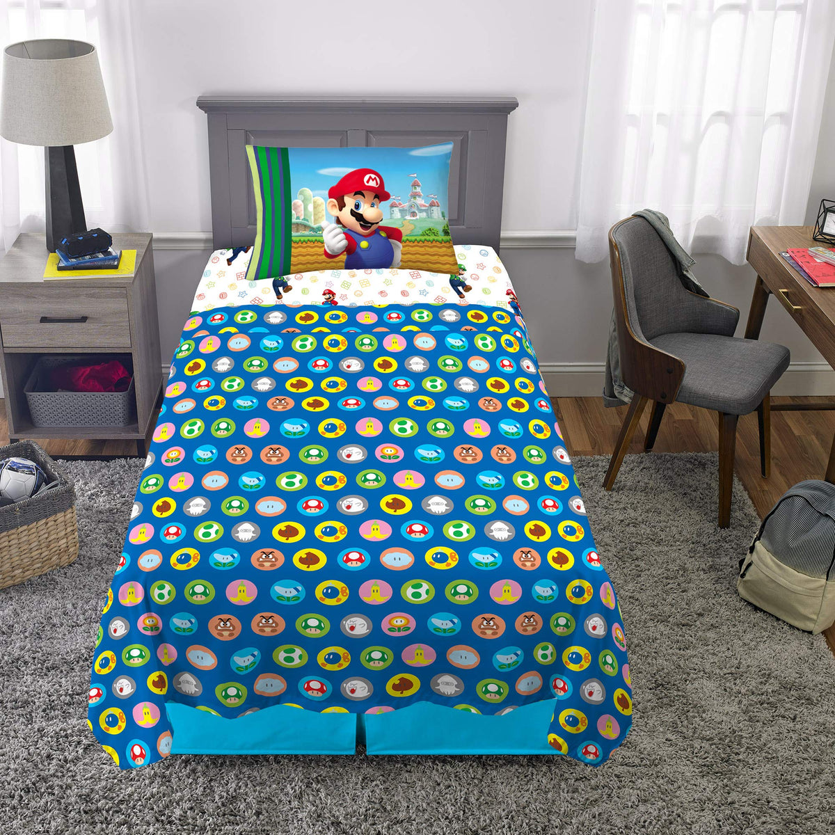 Franco Mario bedding displayed on a colorful twin bed for cozy gaming-inspired style