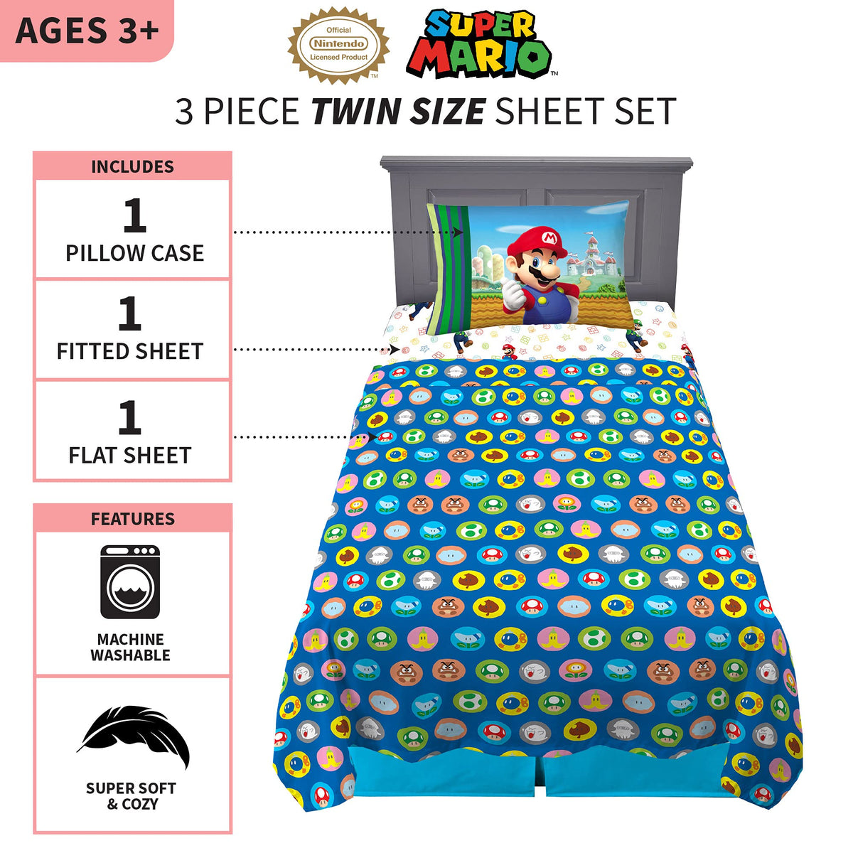 Franco Mario kids pillowcase featuring iconic duo artwork for a playful room accent