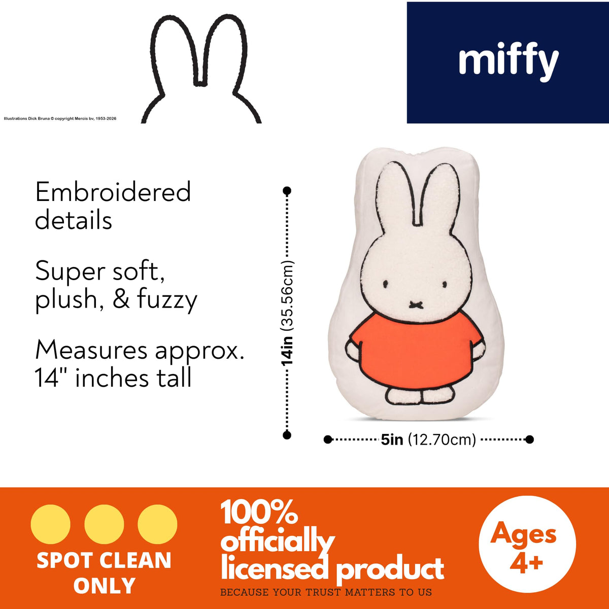 Franco Miffy plush pillow shows orange dress silhouette to add playful décor