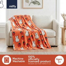 Franco Miffy throw featuring strawberry repeat brightens bedrooms with cheer.