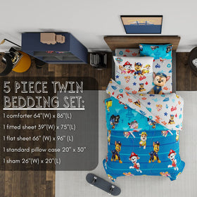 Franco Paw Patrol rescue away comforter on dark blue side with dramatic bedtime visuals.