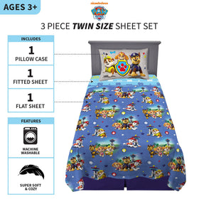 Franco Paw Patrol flat sheet features multicolor print on a blue background.