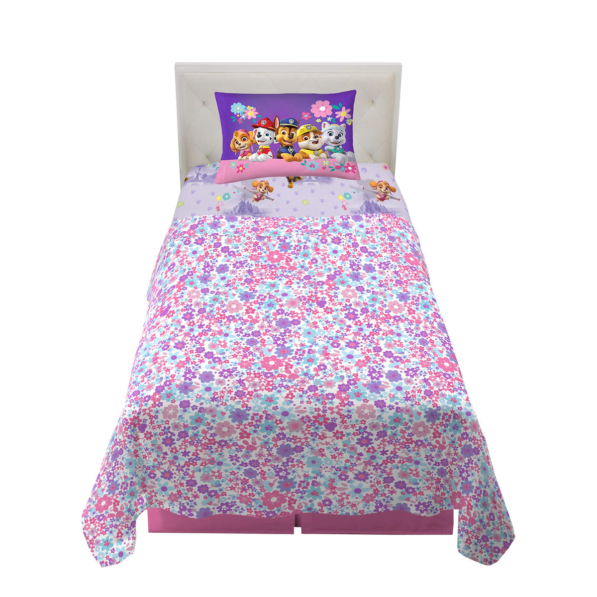 Franco Paw Patrol girls fitted sheet with vibrant character art on soft lilac background