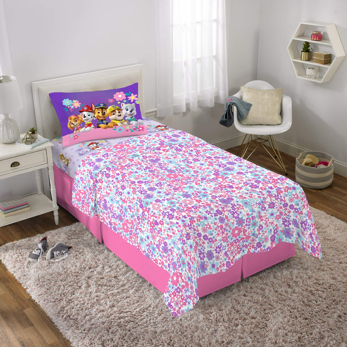 Franco Paw Patrol girls flat sheet featuring all-over floral print for playful bedding
