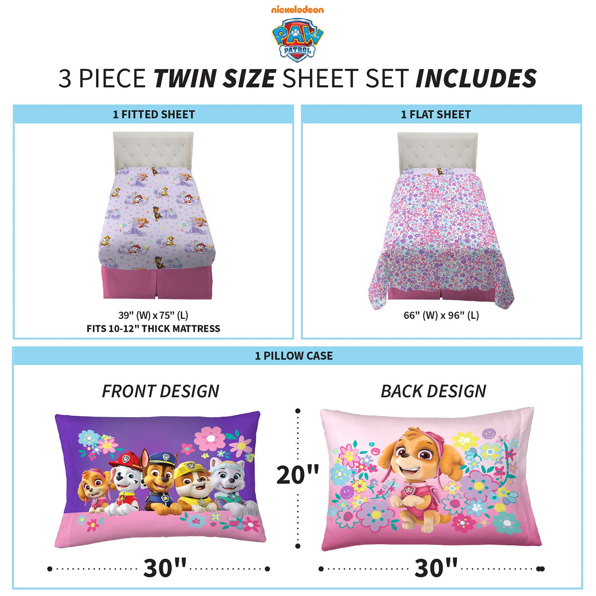 Franco Paw Patrol girls floral-detail flat sheet highlighting colorful design