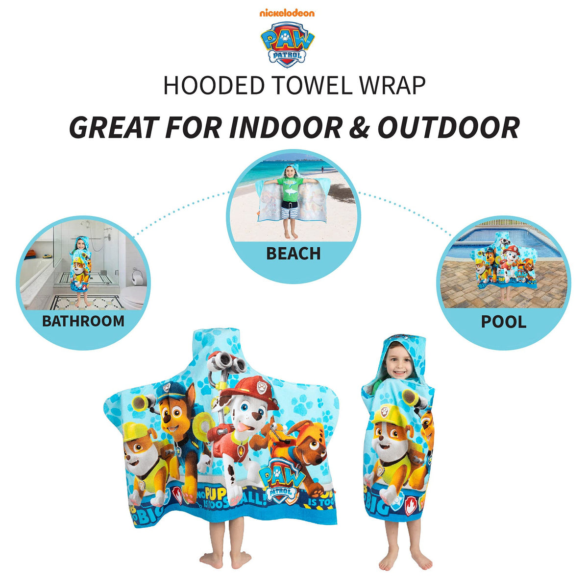 Franco Paw Patrol hooded towel wrap corner pockets detail keeps kids secure