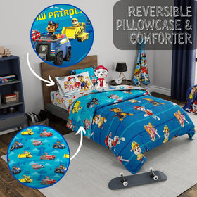 Franco Paw Patrol lighter blue vehicle print side on comforter for playful look.